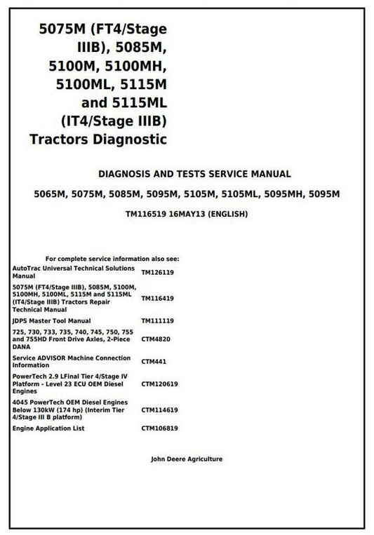 PDF John Deere 5075M 5085M 5100M 5100MH 5100ML 5115M 5115ML Tractor Diagnosis and Test Manual TM116519