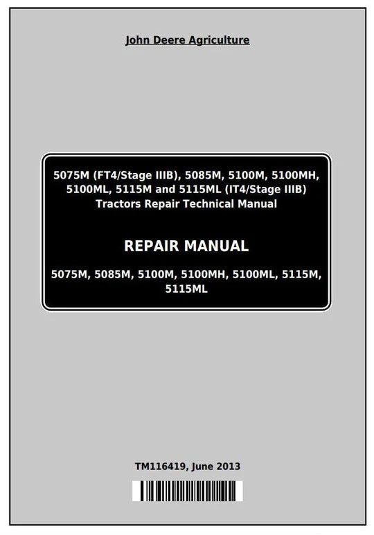 PDF John Deere 5075M 5085M 5100M 5100MH 5100ML 5115M 5115ML Tractor Repair Service Manual TM116419