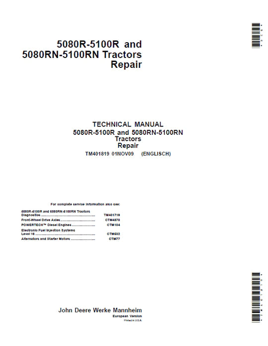PDF John Deere 5080R, 5090R, 5100R, 5080RN, 5090RN, 5100RN Tractor (European) Service Technical Manual TM401819