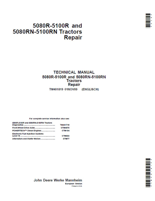 PDF John Deere 5080R, 5090R, 5100R, 5080RN, 5090RN, 5100RN Tractor (European) Service Technical Manual TM401819