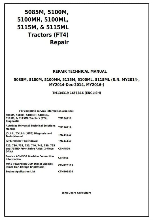 PDF John Deere 5085M, 5100M, 5100MH, 5100ML, 5115M, 5115ML (FT4) Tractor Service Repair Manual TM134319