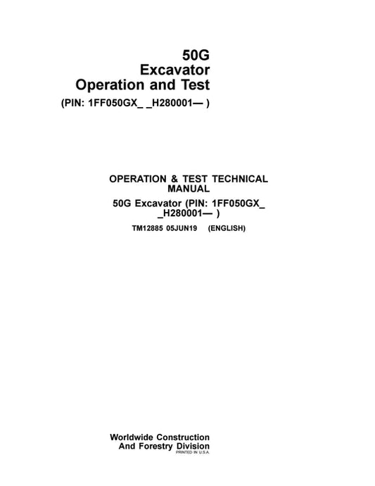 PDF John Deere 50G Compact Excavator Diagnostic, Operation & Test Service Manual TM12885