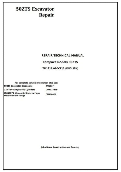 PDF John Deere 50ZTS Compact Excavator Technical Service Repair Manual TM1818