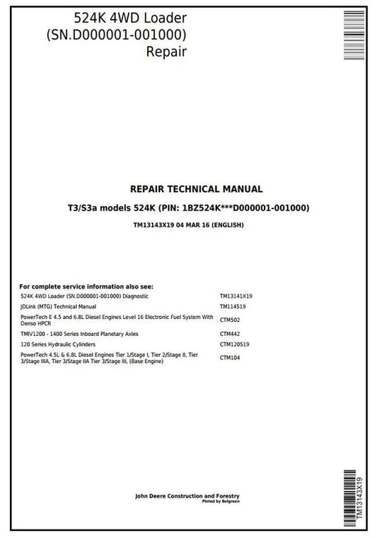PDF John Deere 524K 4WD (T3/S3a) Wheel Loader (SN.D000001-001000) Service Repair Manual TM13143X19 