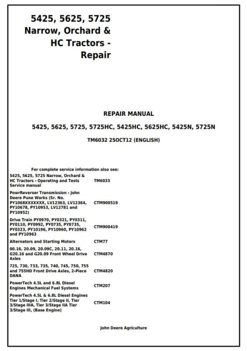 PDF John Deere 5425 5425HC 5425N 5625 5625HC 5725 5725N Tractor Service Manual TM6032