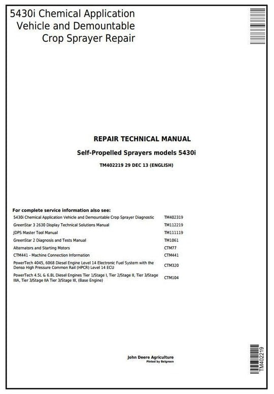 PDF John Deere 5430i Demountable Self-Propelled Crop Sprayer Repair Service Manual TM402219