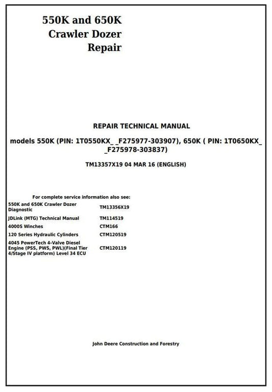 PDF John Deere 550K, 650K Crawler Dozer Service Manual TM13357X19