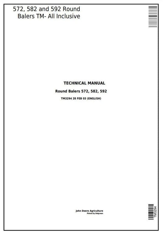 PDF John Deere 572, 582, 592 Hay and Forage Round Baler Repair Service Manual TM3294