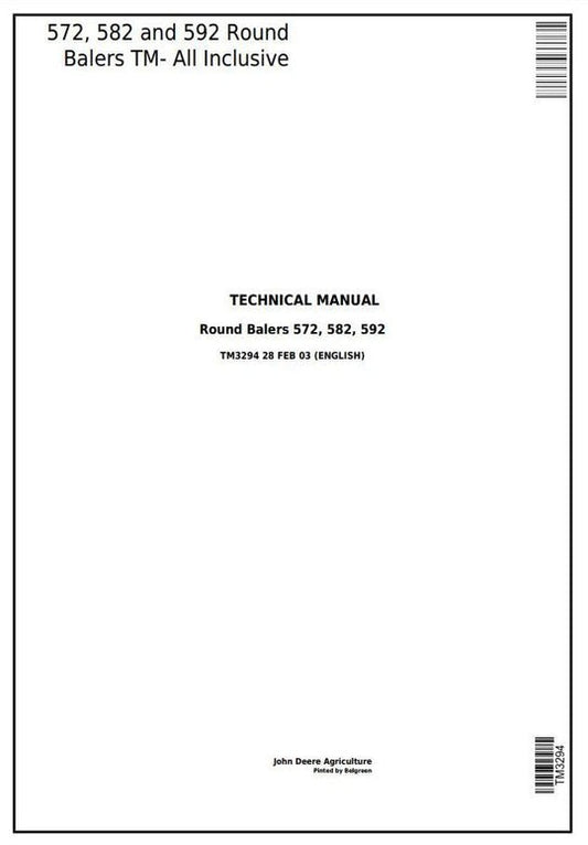 PDF John Deere 572, 582, 592 Hay and Forage Round Baler Repair Service Manual TM3294