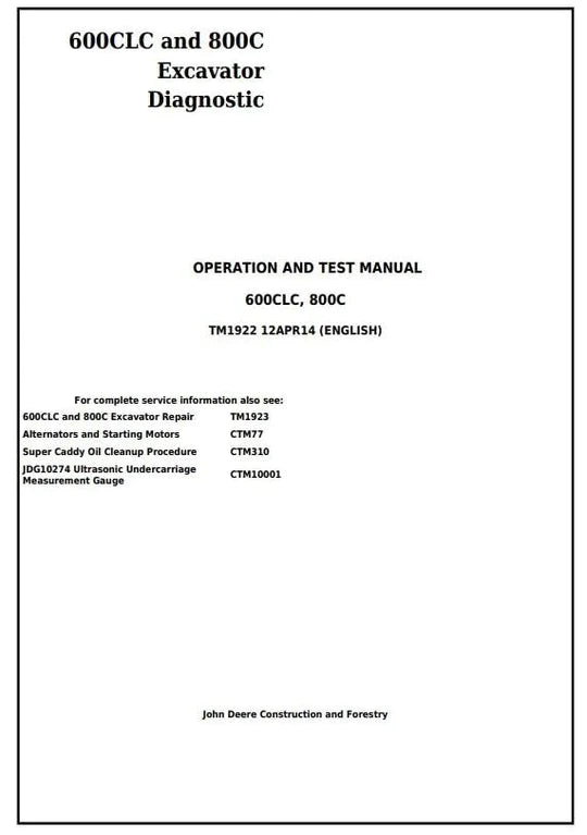 PDF John Deere 600CLC, 800C Excavator Diagnostic, Operation and Test Service Manual TM1922