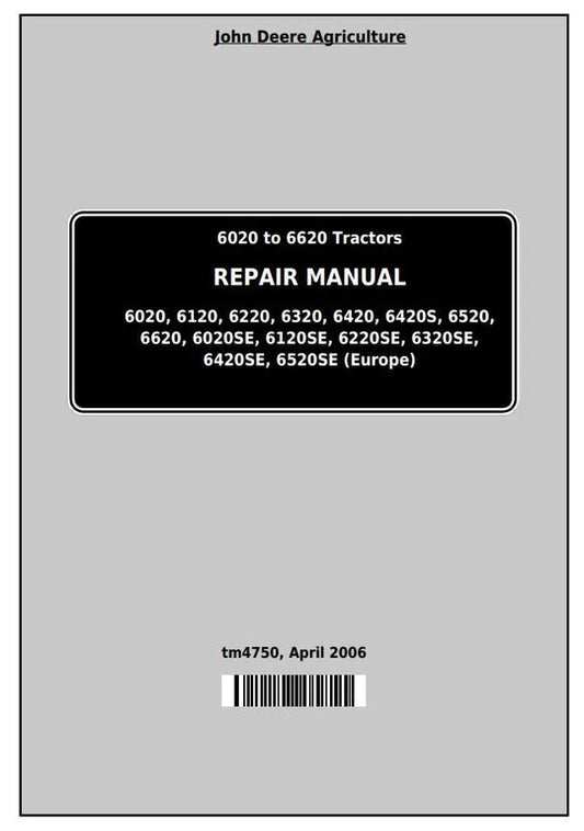 PDF John Deere 6020, 6120, 6220, 6320, 6420, 6420S, 6520, 6620 Tractor Service Manual TM4750
