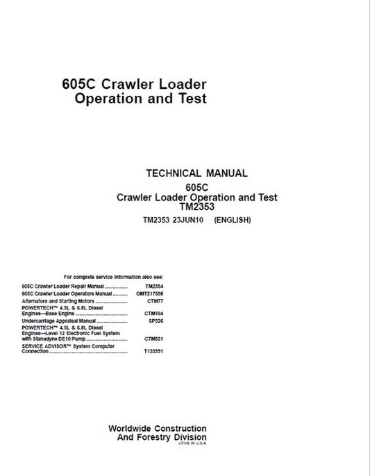 PDF John Deere 605C Crawler Loader Service Manual TM2354