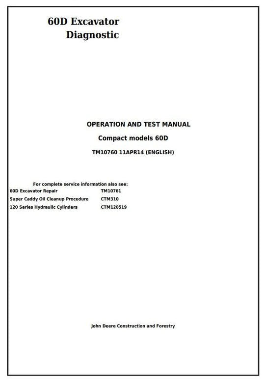 PDF John Deere 60D Compact Excavator Diagnostic, Operation and Test Service Manual TM10760 