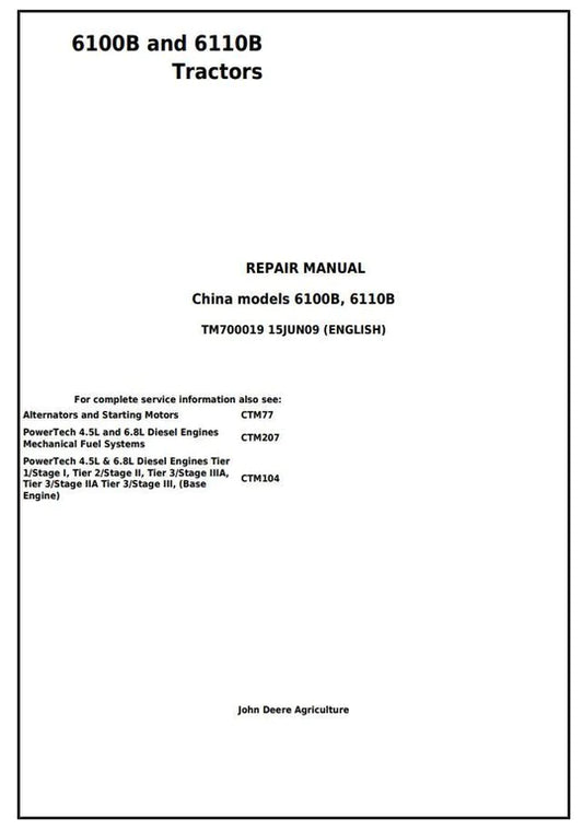PDF John Deere 6100B 6110B 2WD or MFWD Tractor Repair Service Manual TM700019