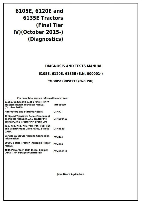 PDF John Deere 6105E 6120E 6135E Final Tier IV Tractor Diagnosis & Test Service Manual TM608519