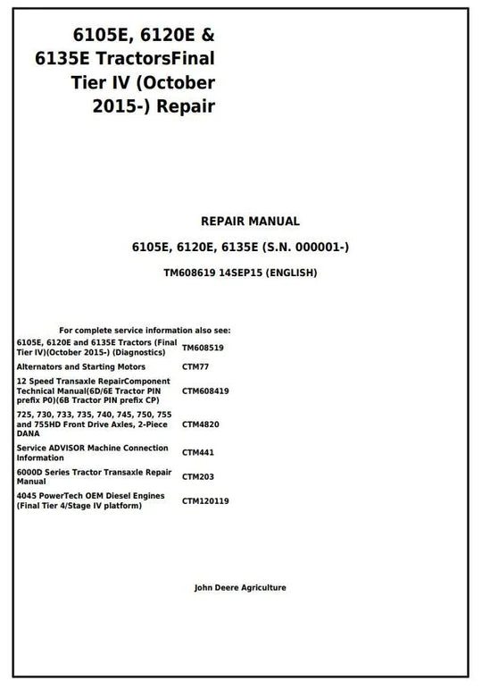 PDF John Deere 6105E 6120E 6135E Final Tier IV (from 10.2015) Tractor Repair Service Manual TM608619