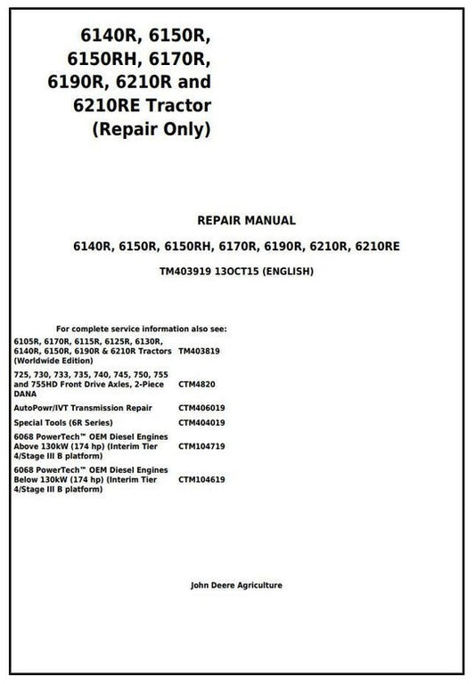 PDF John Deere 6140R, 6150R, 6150RH, 6170R, 6190R, 6210R, 6210RE Tractor Service Manual TM403919