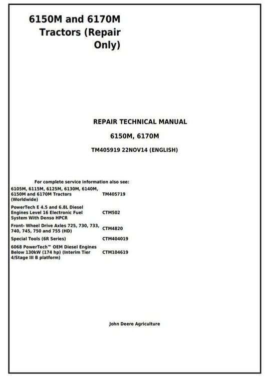 PDF John Deere 6150M 6170M 2WD or MFWD Tractor Repair Service Manual TM405919