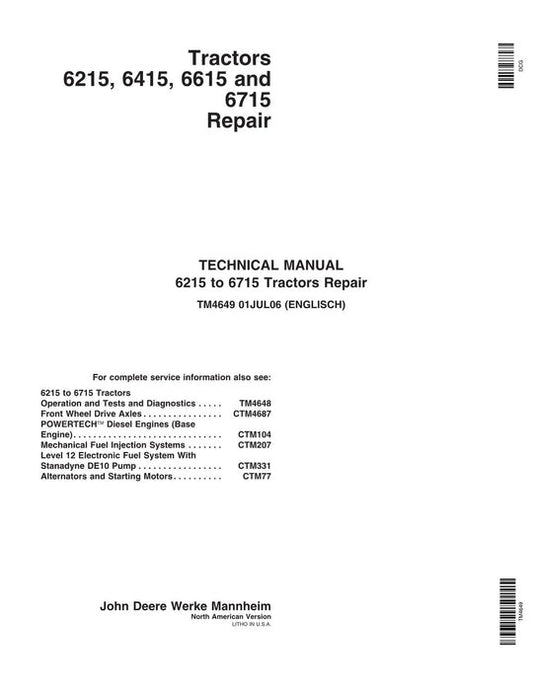 PDF John Deere 6215 6415 6615 6715 Tractor Service Manual TM4649