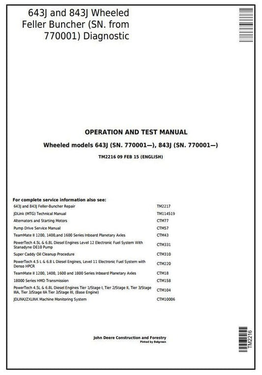 PDF John Deere 643J, 843J Wheeled Feller Buncher Diagnostic and Test Service Manual TM2216