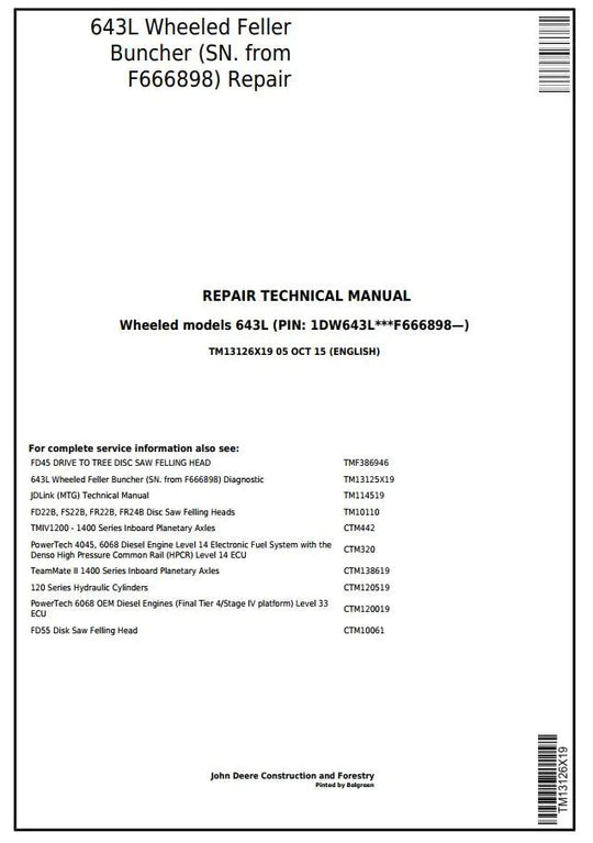 PDF John Deere 643L Wheeled Feller Buncher Service Manual TM13126X19