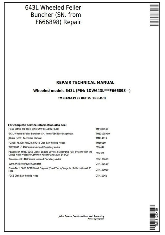 PDF John Deere 643L Wheeled Feller Buncher Service Manual TM13126X19