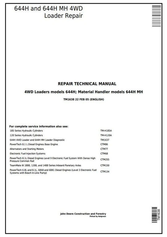 PDF John Deere 644H 4WD Wheel Loader, 644H MH Material Handler Service Manual TM1638