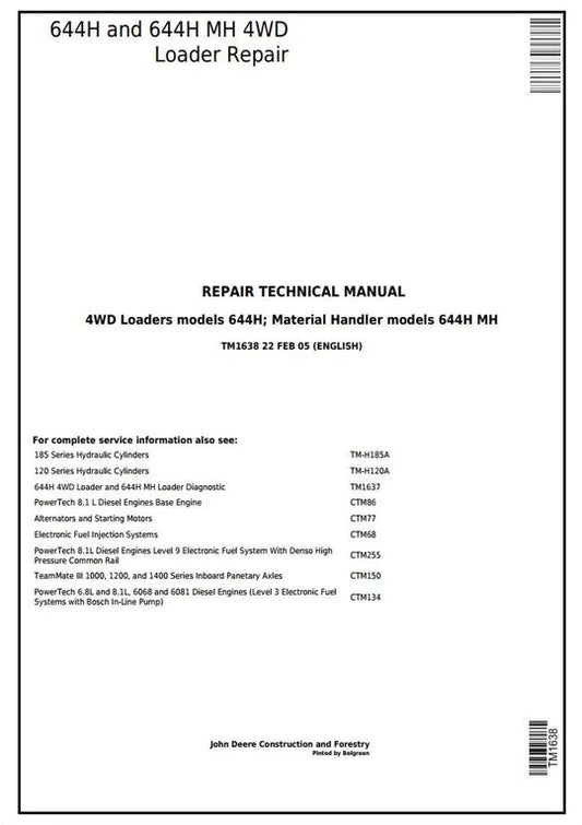 PDF John Deere 644H 4WD Wheel Loader, 644H MH Material Handler Service Manual TM1638