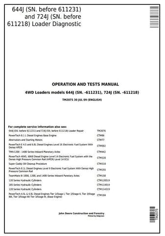 PDF John Deere 644J, 724J 4WD Wheel Loader Diagnostic, Operation & Test Service Manual TM2075