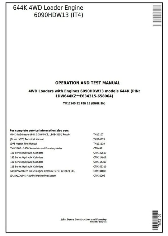 PDF John Deere 644K 4WD Wheel Loader Diagnostic and Test Service Manual TM12105