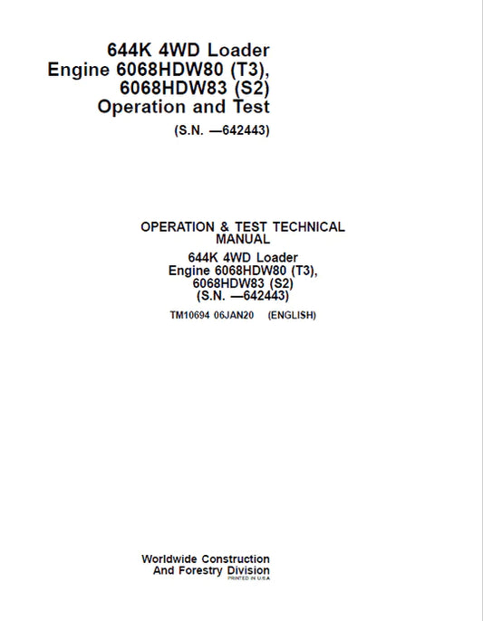 PDF John Deere 644K Wheel Loader Diagnostic and Test Service Manual TM10694
