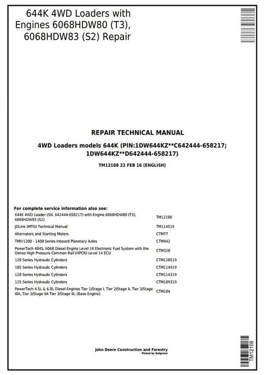 PDF John Deere 644K Wheel Loader w. Engine 6068HDW80, 6068HDW83 Service Repair Technical Manual TM12108