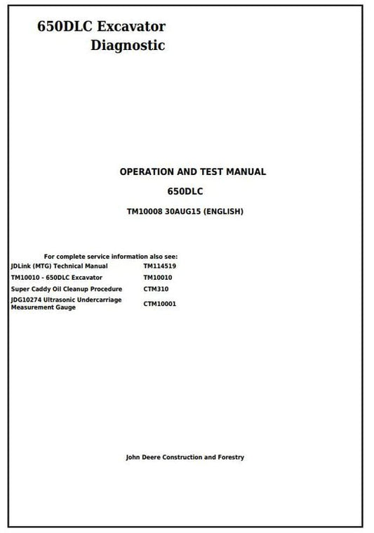 PDF John Deere 650DLC Excavator Diagnostic, Operation and Test Service Manual TM10008