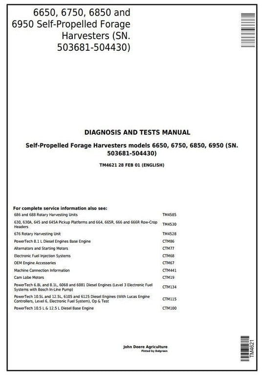 PDF John Deere 6650, 6750, 6850, 6950 Forage Harvester Diagnostic and Test Service Manual TM4621