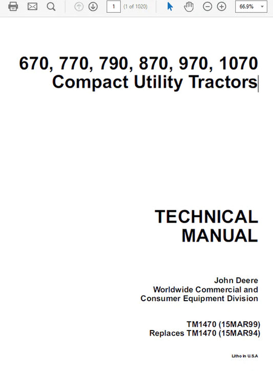 PDF John Deere 670 770 790 870 970 1070 Tractor Service Technical Manual TM1470