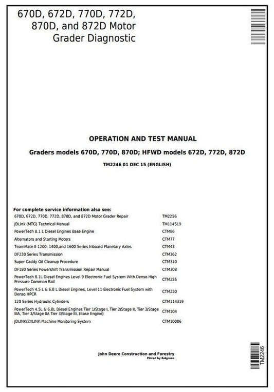 PDF John Deere 670D, 672D, 770D, 772D, 870D, 872D Motor Grader Diagnostic & Test Service Manual TM2246