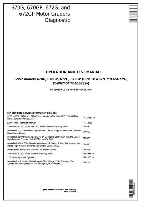 PDF John Deere 670G 670GP 672G 672GP Motor Grader Diagnostic and Test Manual TM13065X19