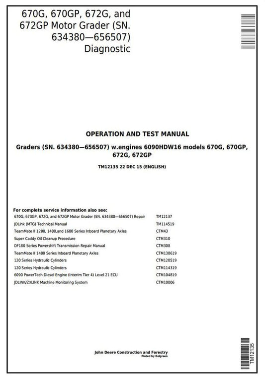 PDF John Deere 670G, 670GP, 672G, 672GP Motor Grader Diagnostic and Test Service Manual TM12135 
