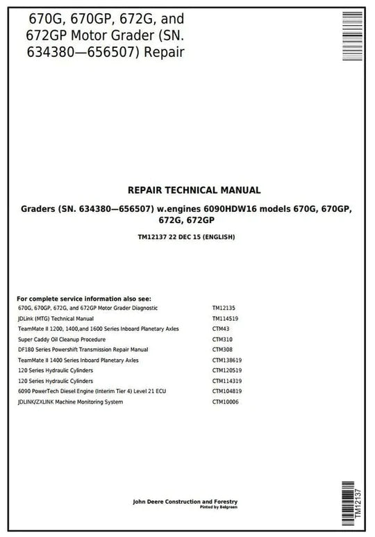 PDF John Deere 670G, 670GP, 672G, 672GP Motor Grader Service Manual TM ...