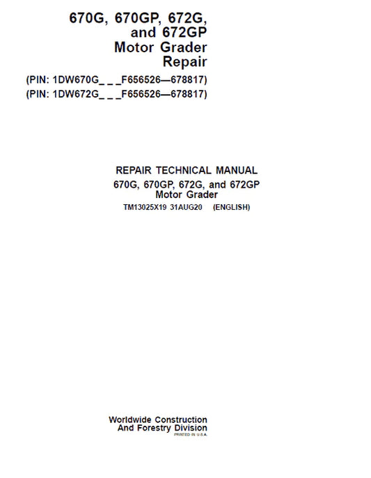 PDF John Deere 670G, 670GP, 672G, 672GP Motor Grader Service Technical Manual TM13025X19 