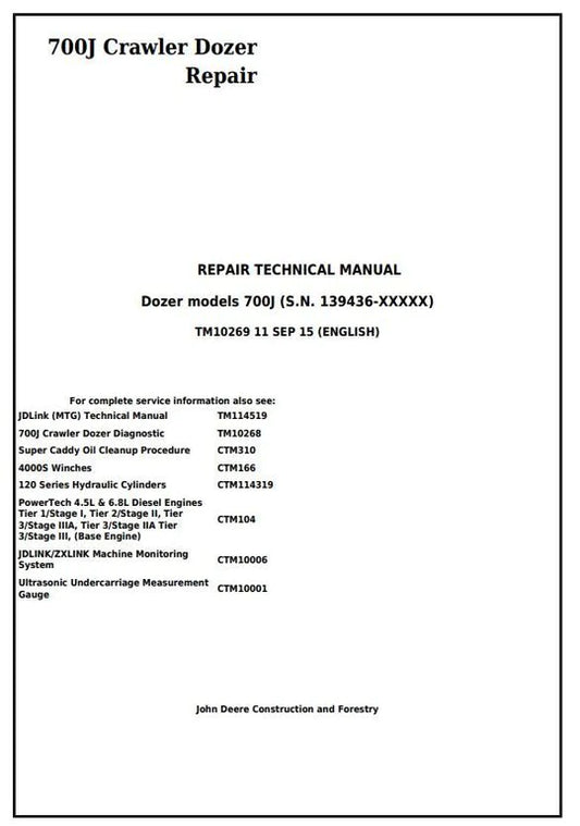 PDF John Deere 700J Crawler Dozer Technical Service Repair Manual TM10269