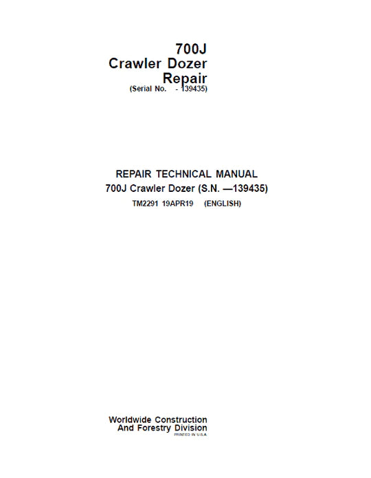 PDF John Deere 700J Crawler Dozer Technical Service Repair Manual TM2291