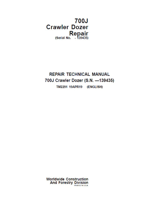 PDF John Deere 700J Crawler Dozer Technical Service Repair Manual TM2291