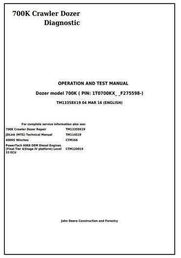 PDF John Deere 700K Crawler Dozer Diagnostic & Test Service Manual TM13358X19