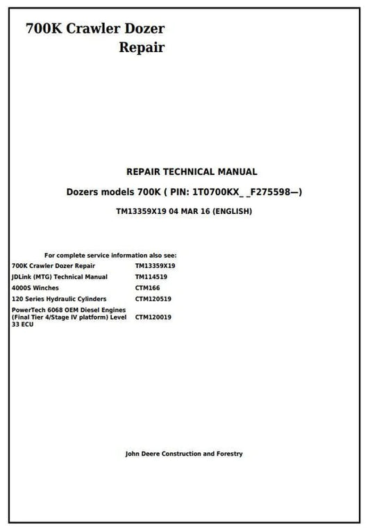 PDF John Deere 700K Crawler Dozer Technical Service Repair Manual TM13359X19