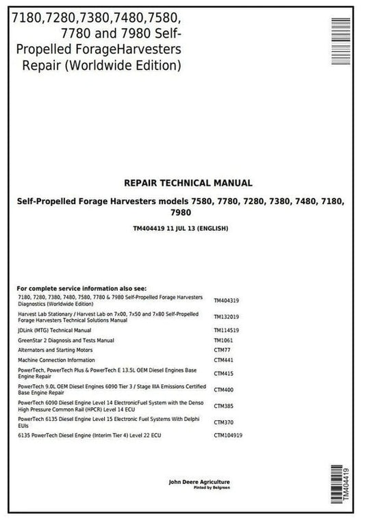 PDF John Deere 7180, 7280, 7380, 7480, 7580, 7780, 7980 Forage Harvester Repair Service Manual TM404419