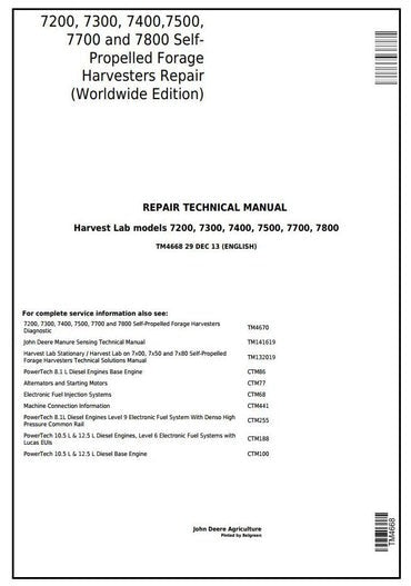 PDF John Deere 7200, 7300, 7400, 7500, 7700, 7800 Self-Propelled Forage Harvester Repair Service Manual TM4668