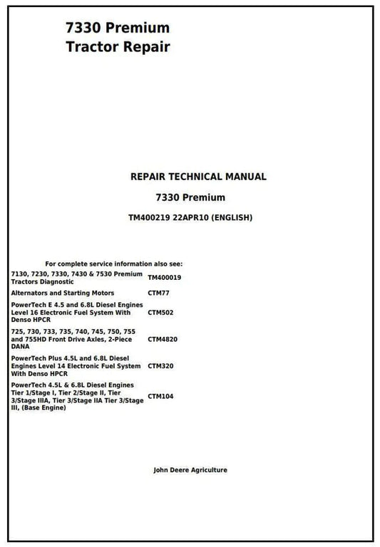 PDF John Deere 7330 Premium 2WD or MFWD USA Tractor Service Repair Technical Manual TM400219