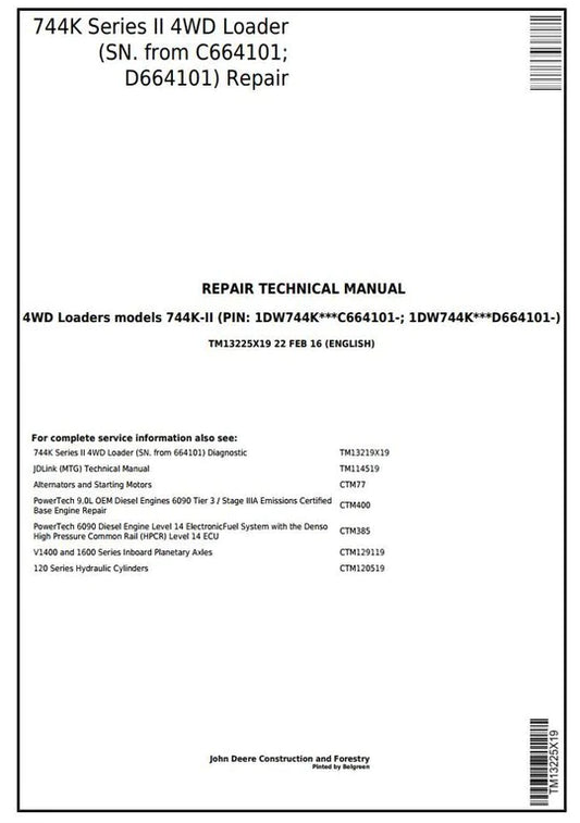PDF John Deere 744K 4WD Series II Wheel Loader (SN. from C664101; D664101) Service Repair Manual TM13225X19