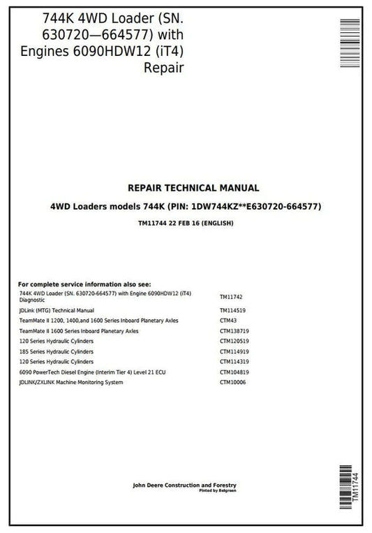 PDF John Deere 744K Wheel Loader w.Engine 6090HDW12 Technical Service Repair Manual TM11744